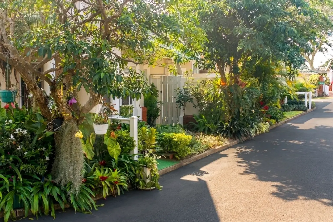 Cottages with green roofs and landscaped gardens