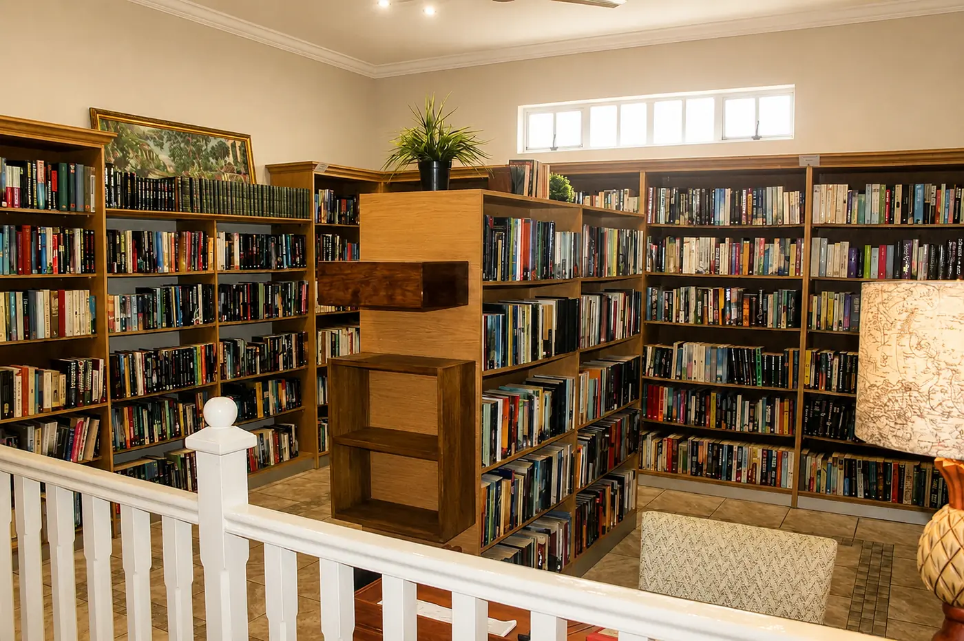 Village library with filled bookshelves